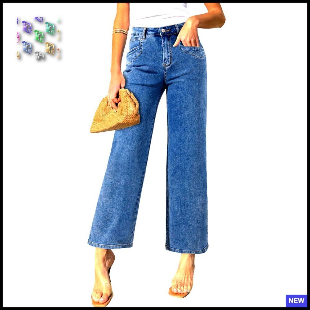 Straight Leg Jeans High Waisted Stretchy Wide Leg Ankle Denim Pants Chic - Picture 1 of 7